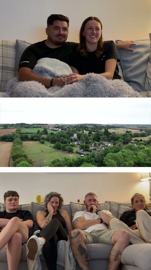Jasmine and Keagan and their family watching the wedding film for the first time, shown alongside moments from the film.