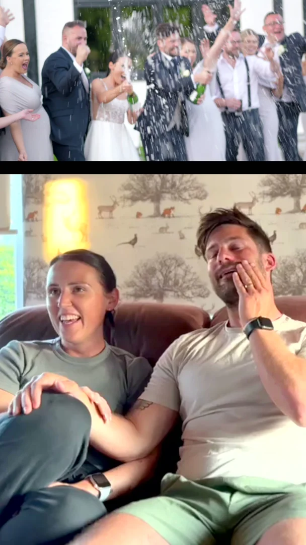Sam and Ben watching their wedding film for the first time, with moments from the film shown above them.